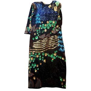 Vintage 80s JasJas Dress Women's XXL Black Maxi Sequin Beaded Novelty Gala